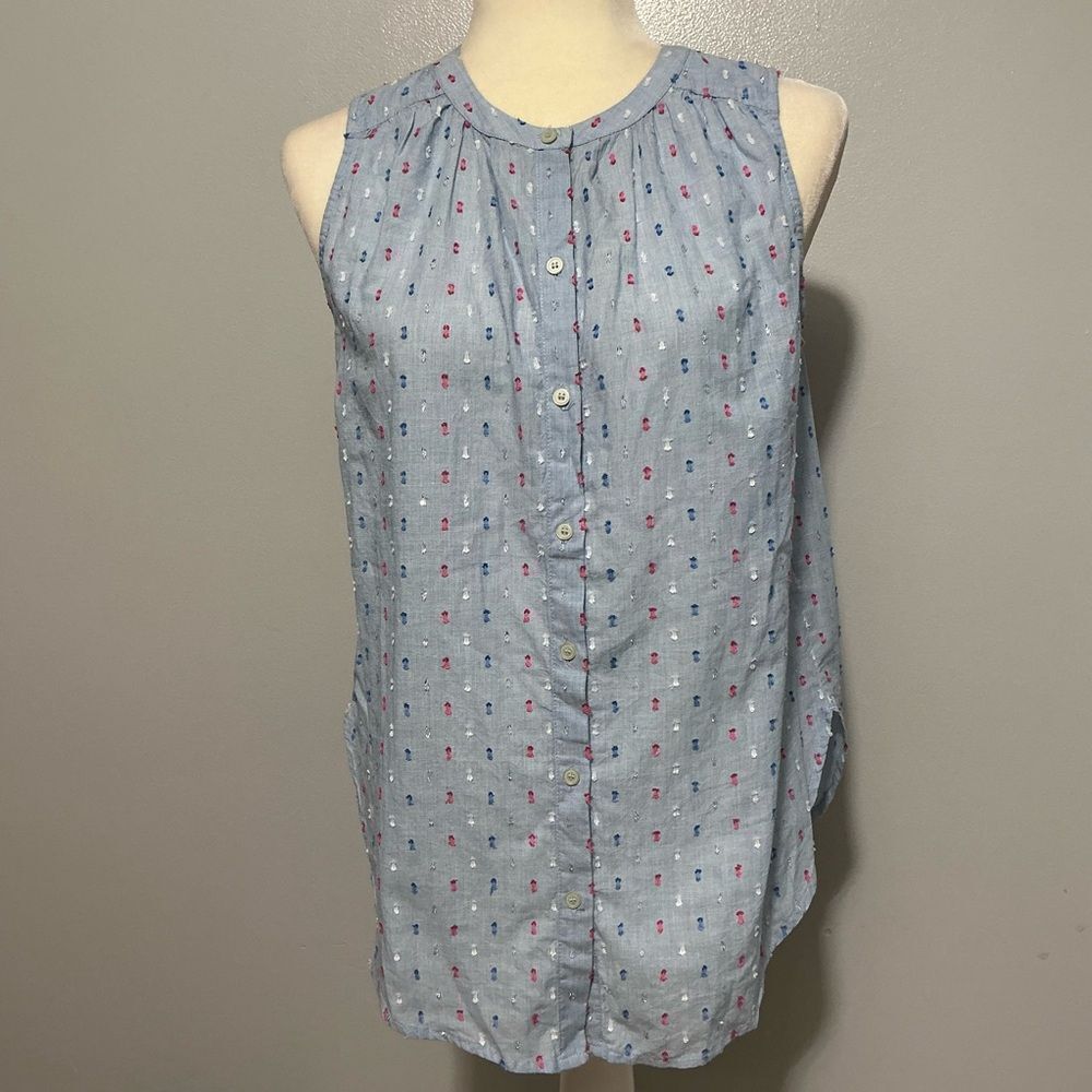 Ann Taylor Loft Top Buttons Shimmer Clip Dot Blue Size XS